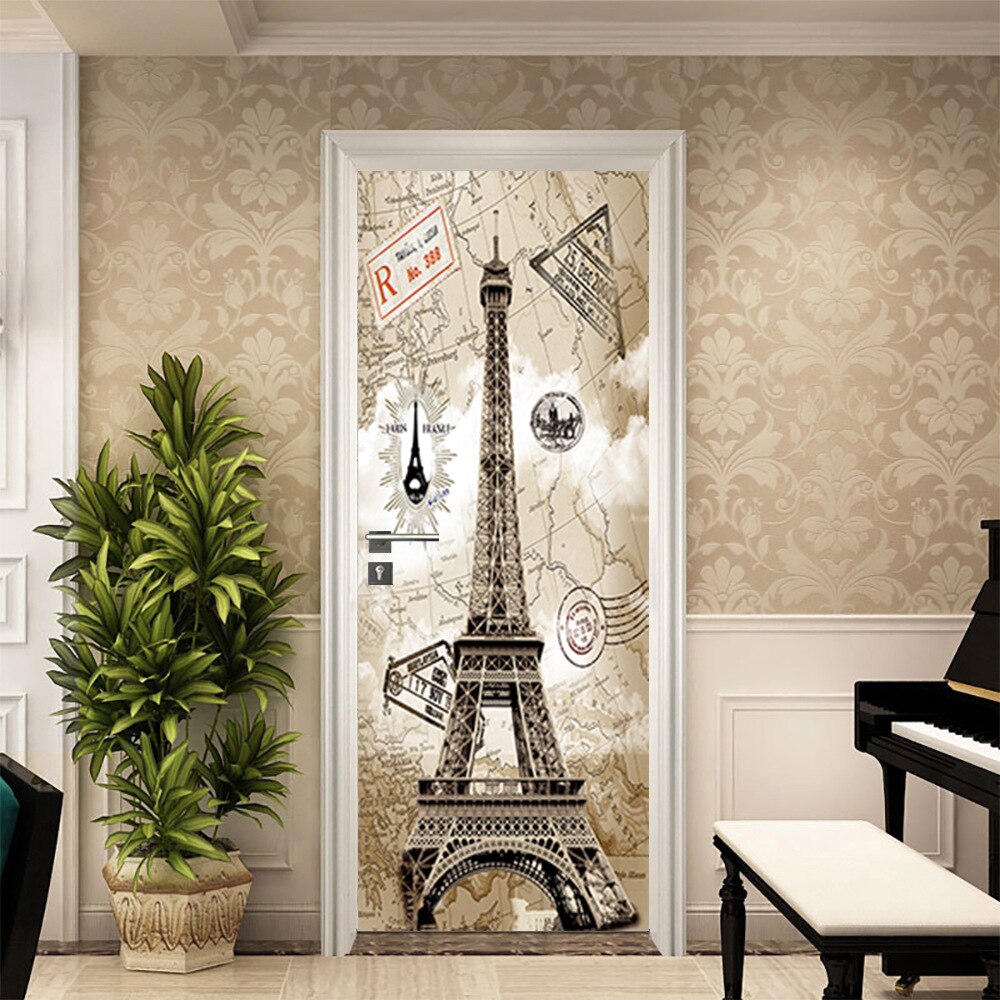 Door Stickers Paris Eiffel Tower Style 3d Wall Art Vinyl Door Mural Home Decoration Waterproof Poster