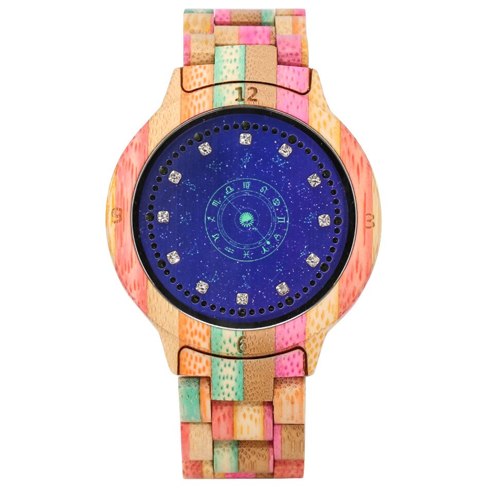 Redfire starry blue 12 constellations display led digitaal dameshorloge multi-color bamboe houten horloge dames: Default Title