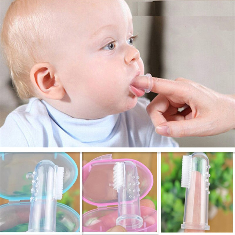 Bonito cepillo de dientes para bebé con caja de dientes para niños masaje claro suave de silicona para niños cepillo de limpieza