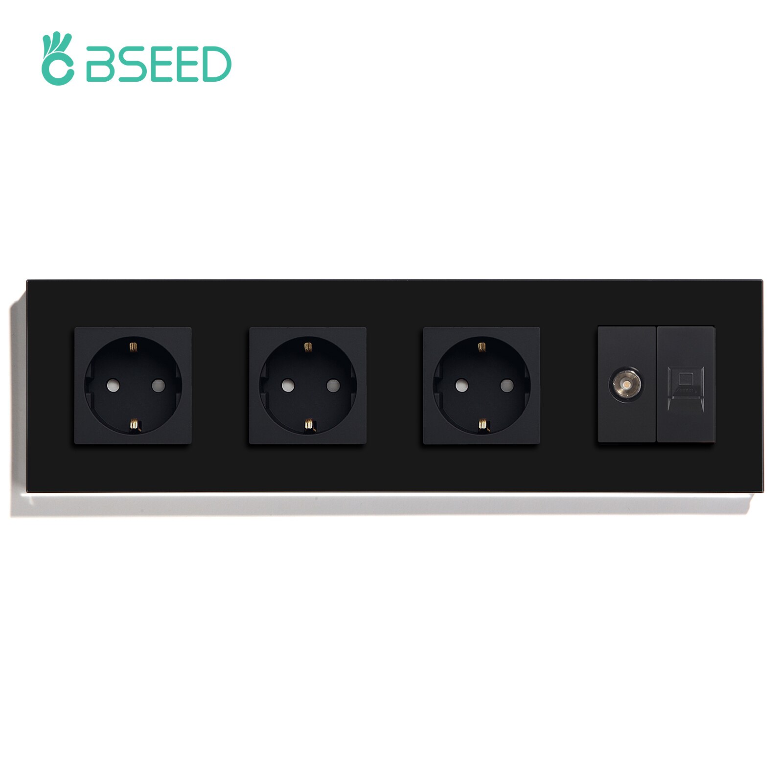 BSEED-Enchufes de pared dobles, estándar europeo, cuatro marcos, TV, PC, Internet, Panel de cristal, Blanco, Negro, oro, estándar de la UE: Black