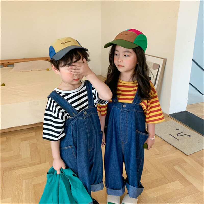 Zomer Effen Kleur Losse Denim Overalls Voor Jongens En Meisjes Koreaanse Stijl Casual Alle-Match Unisex Bib Broek