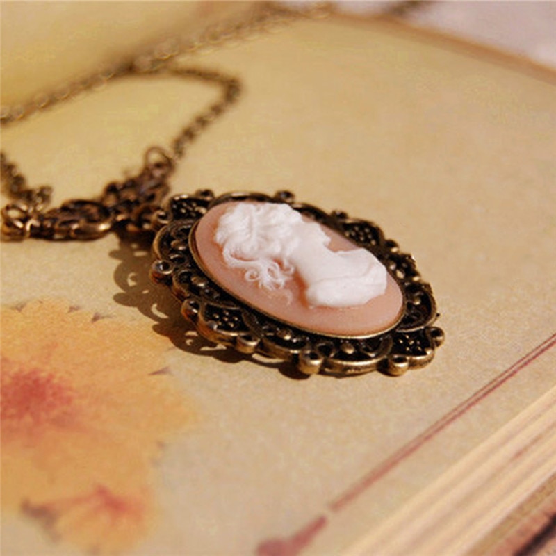 BOAKO Vintage Style Brons Lichtblauw Cameo Ketting Schoonheid Hoofd Sculptuur Hanger Ketting voor Vrouwen collier femme X7-M2