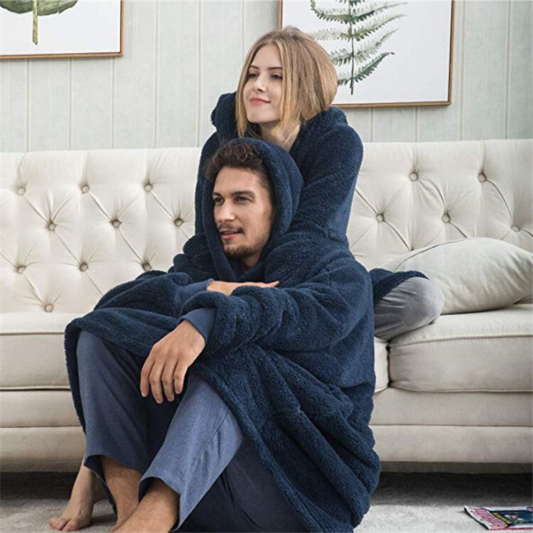 Winter Warm TV Sofa Blanket with Sleeves Fleece Pocket Hooded Weighted Blanket Adults Kids Oversized Sweatshirt Blanket for Bed