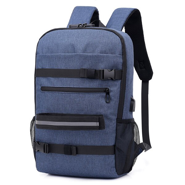 Afslappet mænd rejsetaske udendørs studerende skateboard taske rygsæk med usb opladning password lås par rygsæk grå blå: Blå