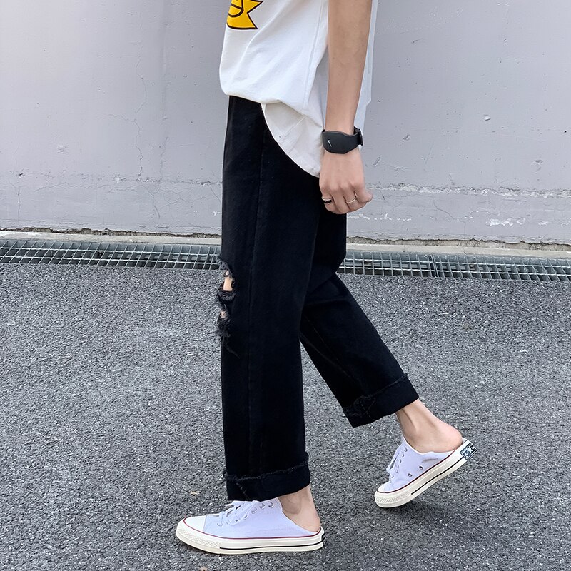 Black stretch jeans skinny fit bottom zipper jeans men knee torn men clothing ripped locomotive pants hip-hop street pants