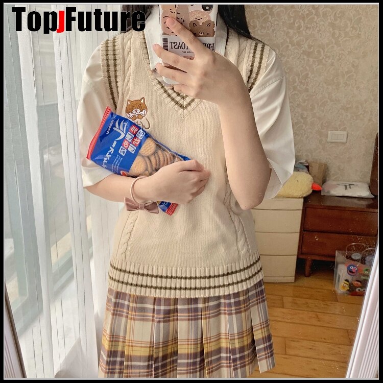 Shiba inu japansk jentestrikket vestversatile genser skoleuniform cardigans jk uniform beige naken hund broderigenser