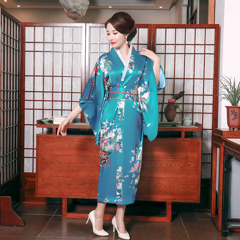 Onesize kvinnlig japansk kimono morgonrock klänning v-ringad satin kvällsfest balklänning vintage cosplay kostym helärmad klänning: Sjöblå 1