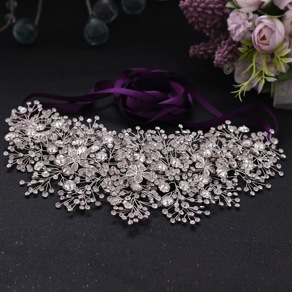 Trixy sh240 acessórios de vestido de casamento prata strass cintos para as mulheres floral faixa nupcial acessórios para vestido de noite: purple ribbon