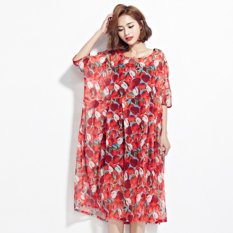 BelineRosa Plus Größe Frauen Strand Kleid Böhmischen Stil rot Apfel Druck 2 Stck Kleider Große Größen Frauen Weibliche TYW00332