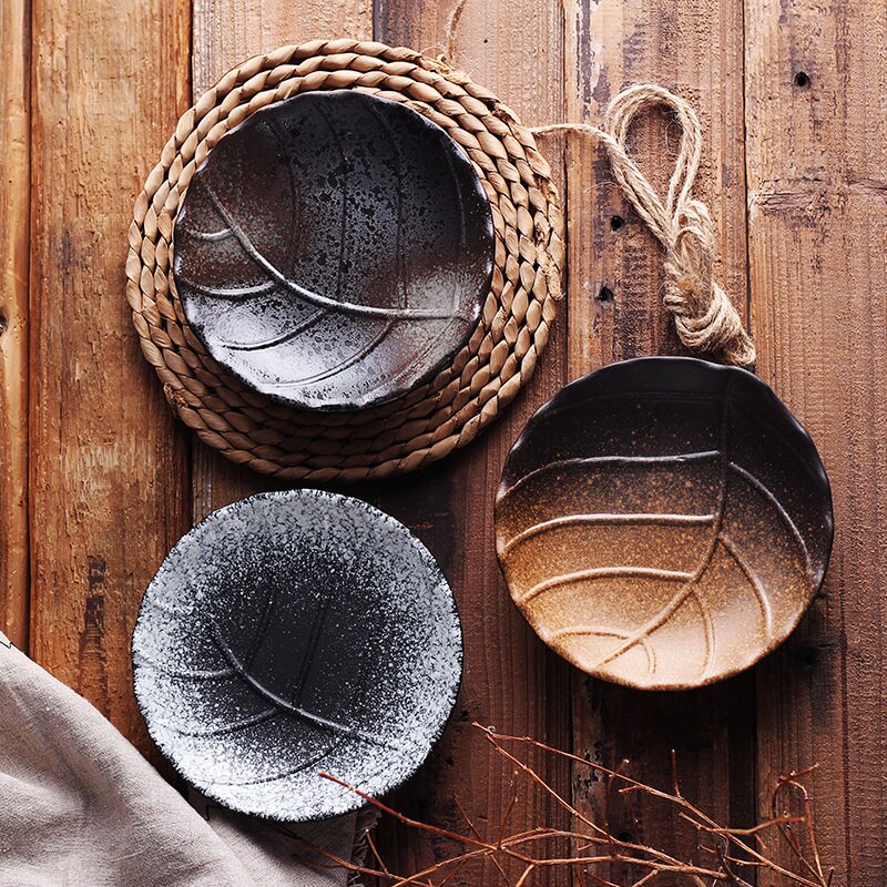 Japanese Retro Ceramic Dinner Plates Tableware Round Leaf Tray Fruit Salad Dishes Home Restaurant Kitchen Dinnerware