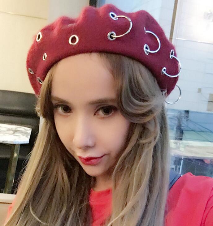 13 Color Ins Tumblr Hipster Rivet Hole & Patchwork Metal Buckle Circle Party/Club/Travel Harujuku Beret Hat