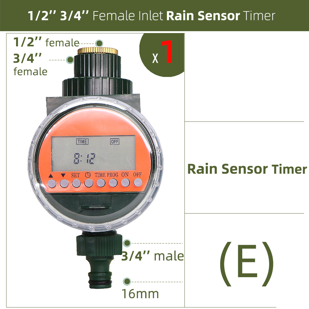 Garden Watering Timer Rain Sensor Solar LCD Double Dial Controller Watering Irrigation 1/2'' 3/4'' Tap Joint Solenoid Ball Valve: E-1PC