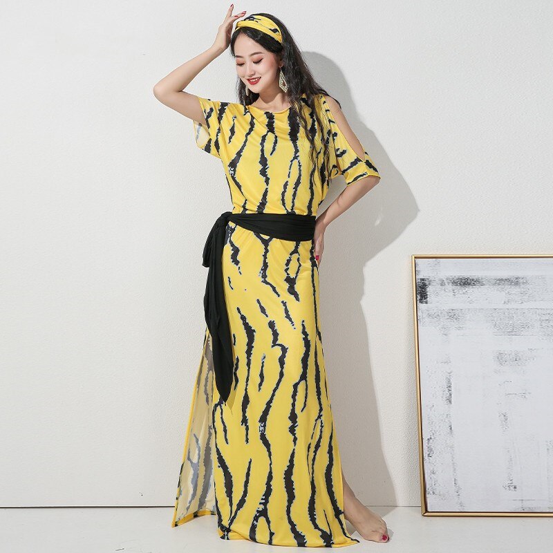 Conjunto de disfraz de Baladi Shaabi para mujer, ropa holgada de 4 piezas para espectáculo de danza del vientre, vestido largo con cinturón, estampado de leopardo, novedad de: Yellow