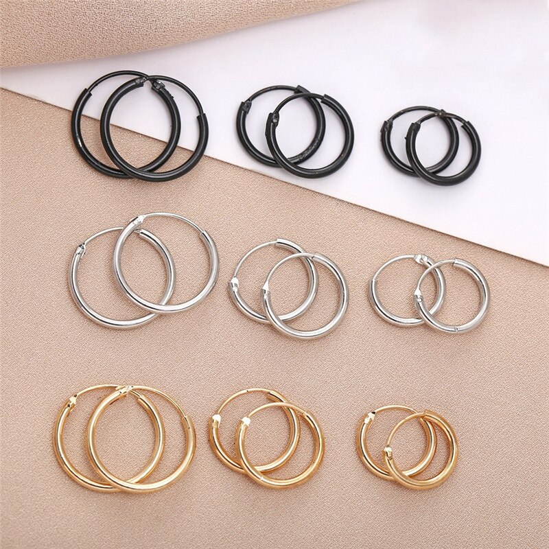 Oorringen Voor Vrouwen Eenvoudige Stijl Zwart Goud Zilver Kleur Oor Ringen Punk Oorbel Man Hip Hop Sieraden Unisex 10/12/15Mm