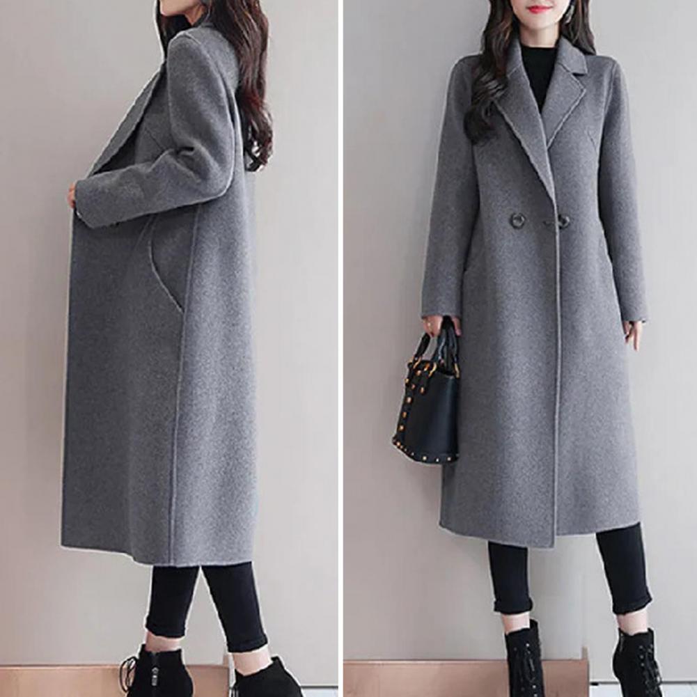 Casaco de lã monocromático feminino, Manga comprida, Dois botões, Bolsos, Lapela, Elegante, Casacos, Moda, Outono, Inverno