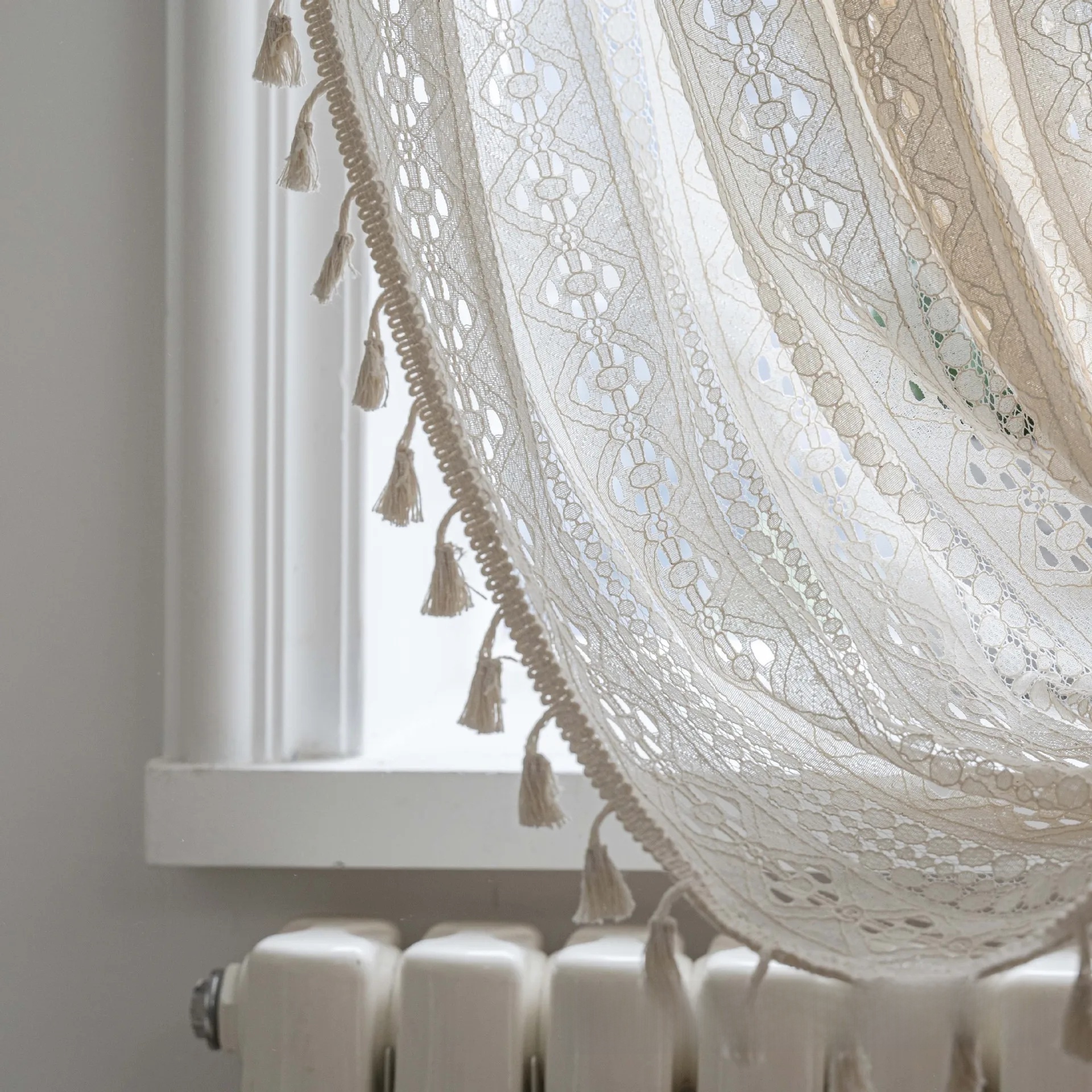 Rideau amissié à franges vintage de style américain, pour chambre à coucher, salon, baie vitrée, petit rideau de fenêtre fini: Autre / WHITE