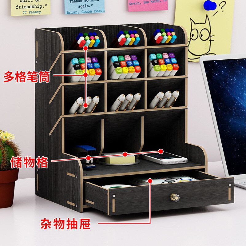 Wooden Desk Organizer Multi-Functional DIY Pen Holder Box Desktop Stationary Home Office Supply Desktop Storage Rack