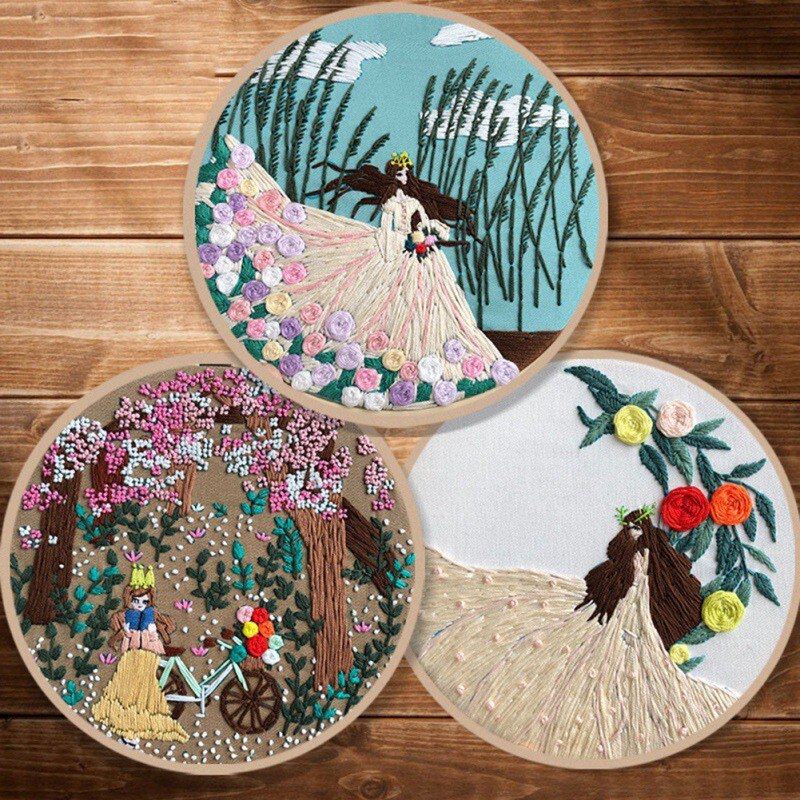 DIY Handmade Embroidery Starter Kit With Bamboo Embroidery Hoop Chinese Style Su Xiu Fairy Flower Pattern Cross Stitch Kit