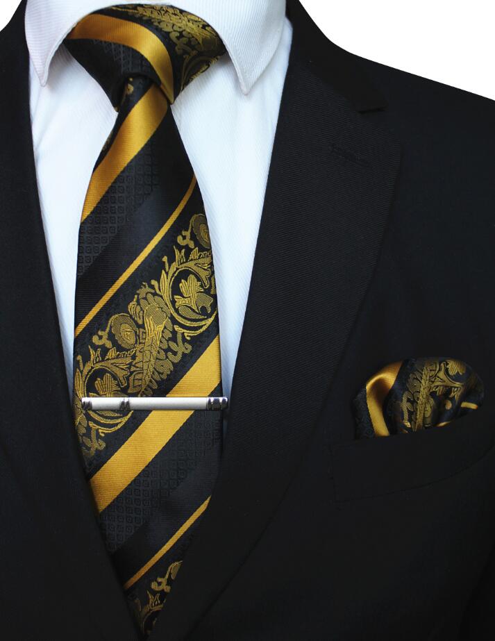 RBOCOTT 3PCS Men's Floral Tie Handkerchief Set Yellow Striped 8cm Necktie Pocket Square Tie Clip Red For Men Wedding Accessories: 01