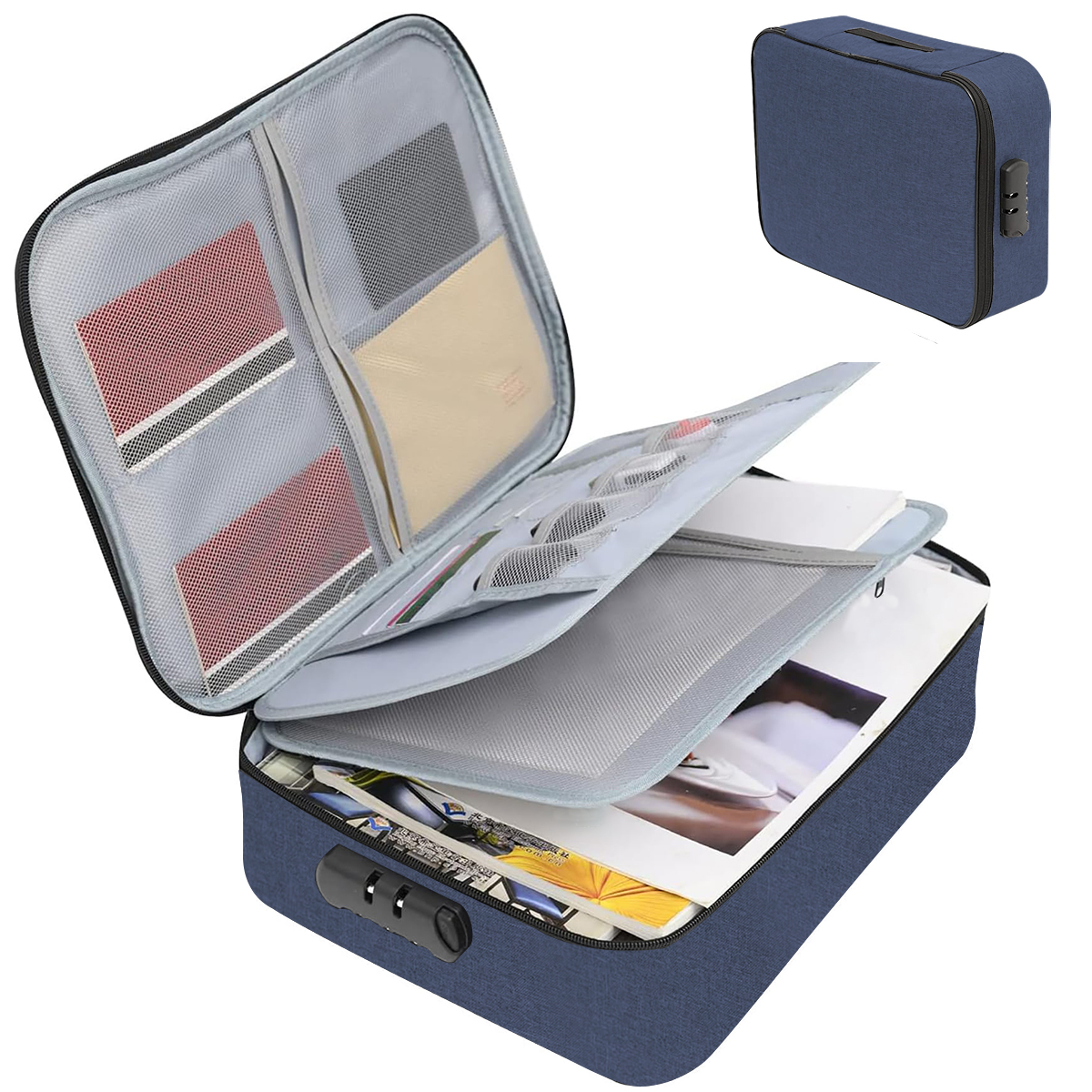 Document briefcase, 3-layer lockable storage bag, men's women's bag, wallet, passport, home security function storage box.-zmt: Blue