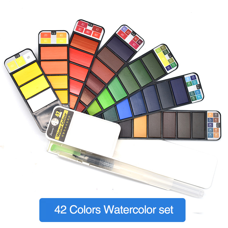 Overlegen 18/25/33/42 farver solid akvarelsæt med gratis vandfarve penselpigment til tegning af kunstartikler: 42 farver