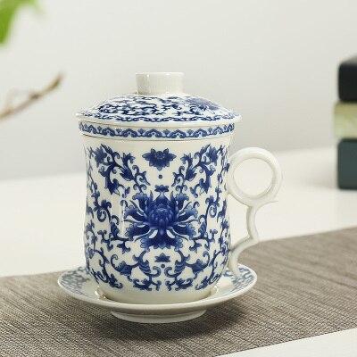 Chinese traditionele kopjes Thee cup met deksel Schotel blauw en wit porselein Theekopje Aardewerk Keramische koffie mok thee set: A