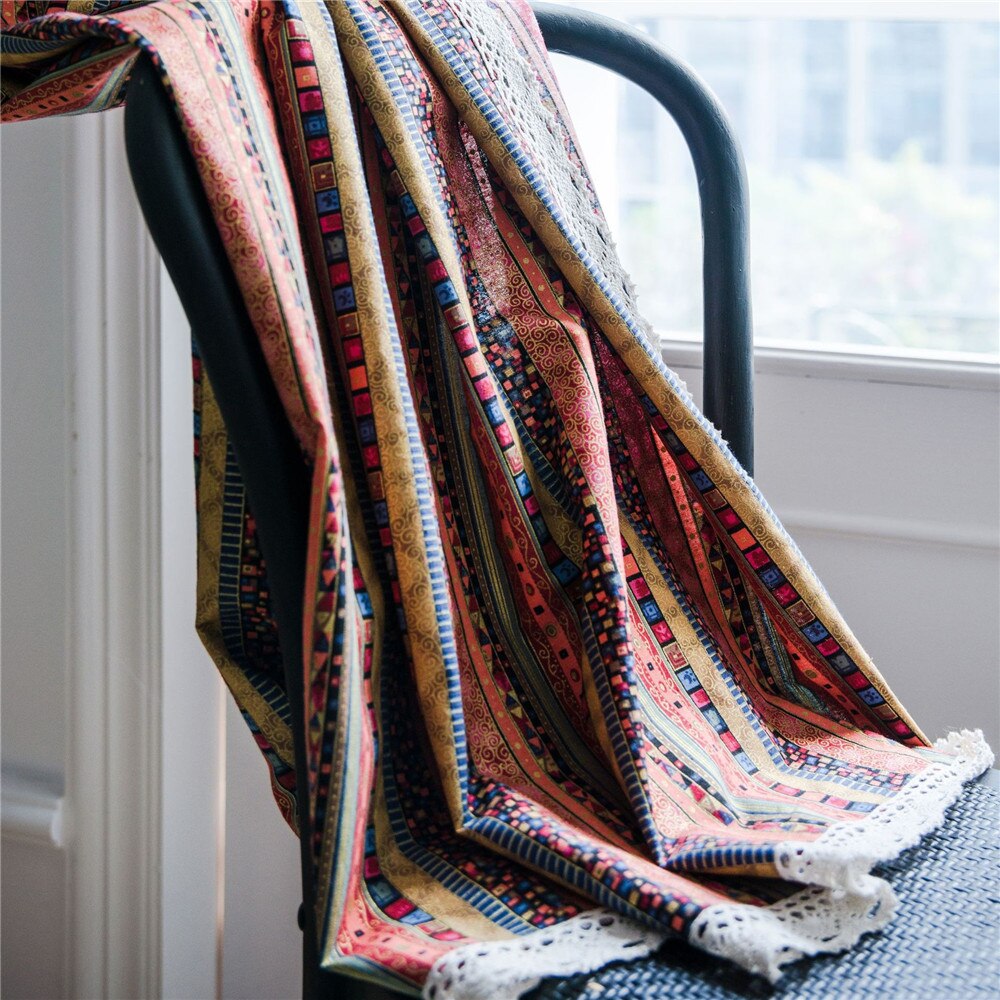 Bohemian Striped Printing Orange Cotton Linen Art Kitchen Half Shaded Curtains For living room