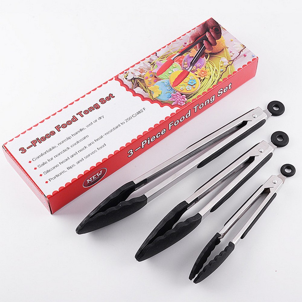 Keukentangen gereedschap roestvrijstalen kooktangen keukentangen siliconen antislipklem bbq saladegereedschap keukenaccessoires: Zwart