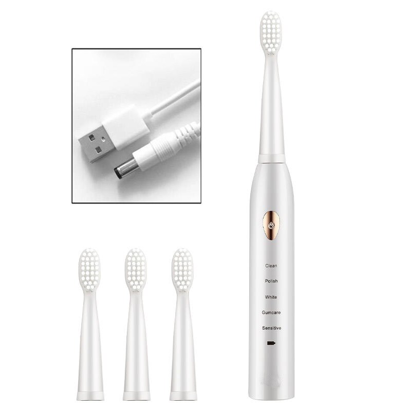 Vandtæt elektrisk tandbørste automatisk sonisk tandbørste genopladelig 5 modeller rejser tandbørste med 4 børstehoveder: Hvid usb