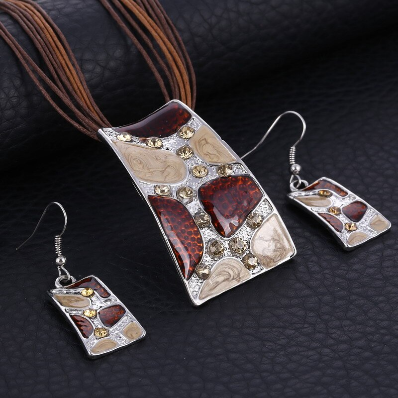 Mode Gem Vierkante Emaille Sieraden Set Zilver Kleur Schilderen Hanger Ketting Oorbellen Bruids Sieraden Sets Voor Vrouwen Bruiloft