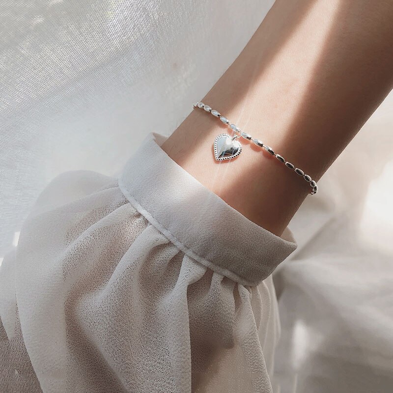 925 Sterling Zilver Glad Liefde Hart Bedelarmband Delicate Bead Chain Armband Sieraden Voor Vrouwen S-B365