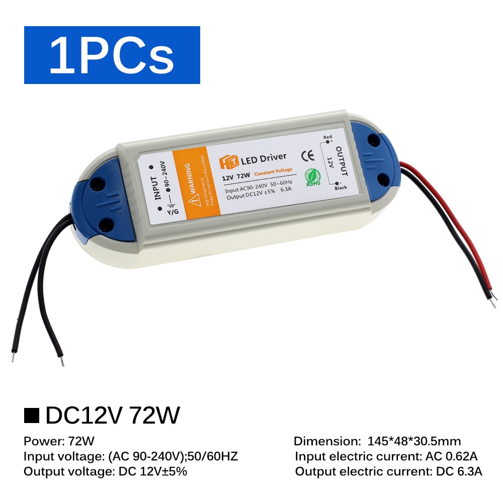 Dc 12v led driver 18w 36w 72w 100w lys transformatorer led driver til led strip lys 12v strømforsyning adapter: 72w - 1 stk