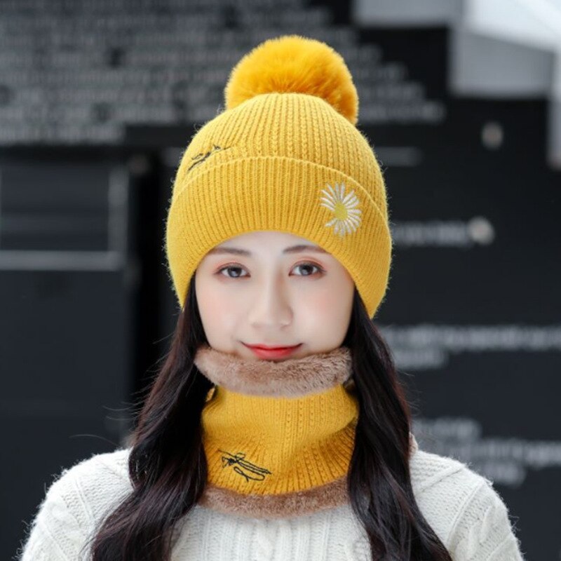 Autumn Winter daisy flower embroidery Women Hat Scart Set plus velvet thick woolen hat knitted hat Female Beanie Scarf: yellow