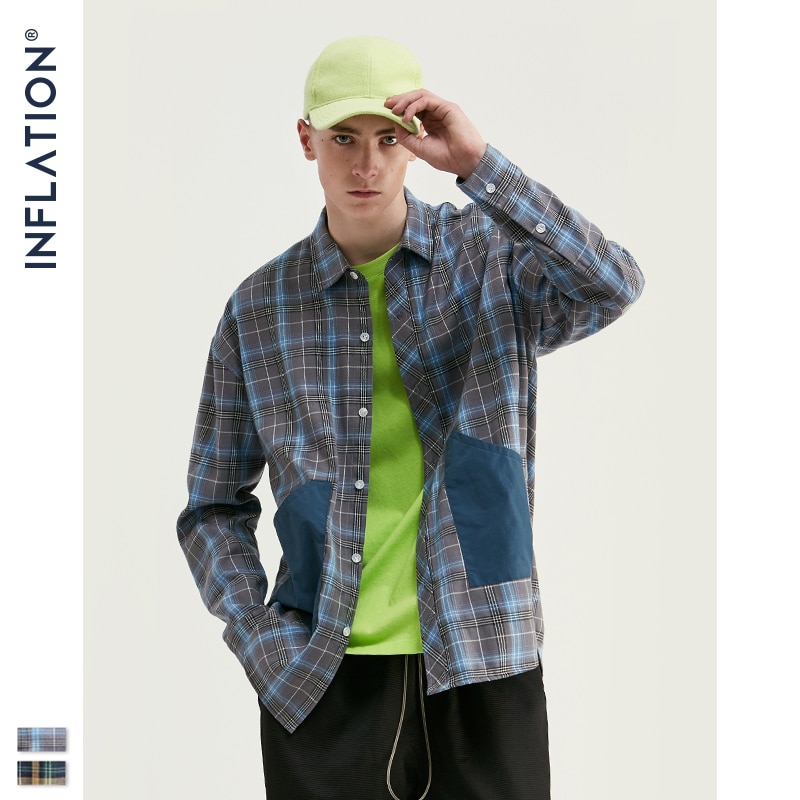 La inflación de Otoño de los hombres camisa a cuadros camisa Streetwear largo de gran tamaño camisas de manga larga Hombre de Color clásico contraste bolsillos 9294W