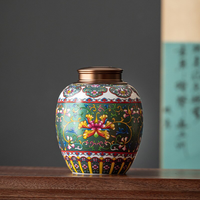 Flower Ceramic Tea Pot Sealed Storage Tank Desktop Decoration Crafts Household Large-capacity Storage Tank Container Home Decor: C