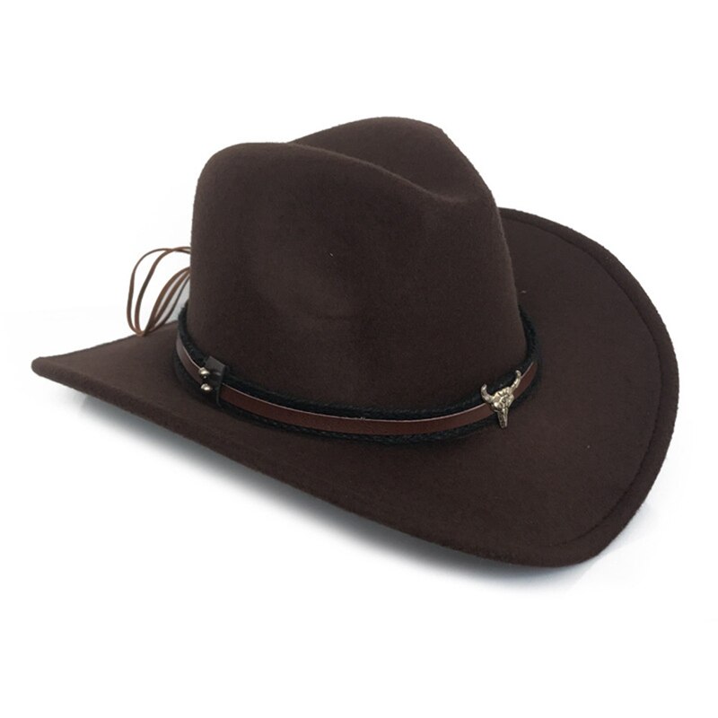 Kvinder mænd uld klassisk western cowboy hat roll-up bred kant rand punk læder bælte jazz cap med tauren læder bælte cowboy hat
