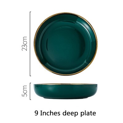 Prato de cerâmica verde dourado, prato verde para embalar alimentos, louças, tigela, sobremesa, louça de jantar: F.9 Inches plate