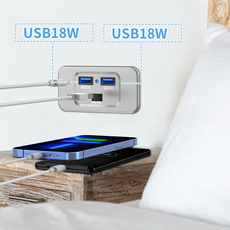12v usb-pistorasiaa, seinäkiinnitys, 30w usb c- ja  qc 3.0 usb-porttia 18w autolaturipistokesovitin autoon, veneeseen, mönkijään, utv:hen, asuntovaunuun