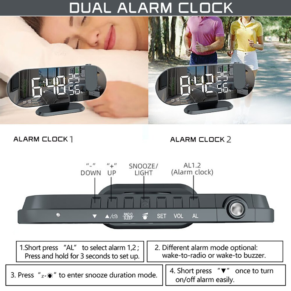 FM Radio LED Digital Smart Alarm Clock Watch Table Electronic Desktop Clocks USB Wake Up Clock with 180° Time Projector Snooze