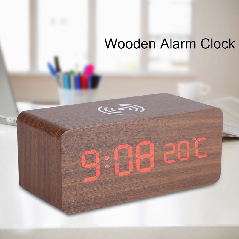 Wooden Clock Voice Control Silence Electronic Clock Wireless Charger Wooden LED Alarm Clock Sound Control Time Date Temperature