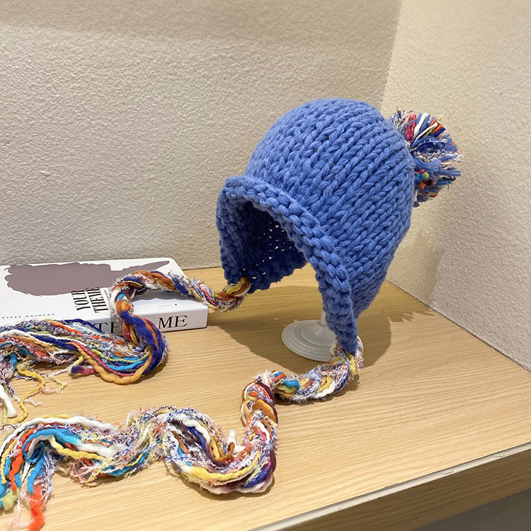 Mütze Männer Frauen bunte Quaste Twist flechten Hütte Herbst Winter warme Gehörschutz kappen Studenten vielseitige einstellen Kopf gestrickt: Blau