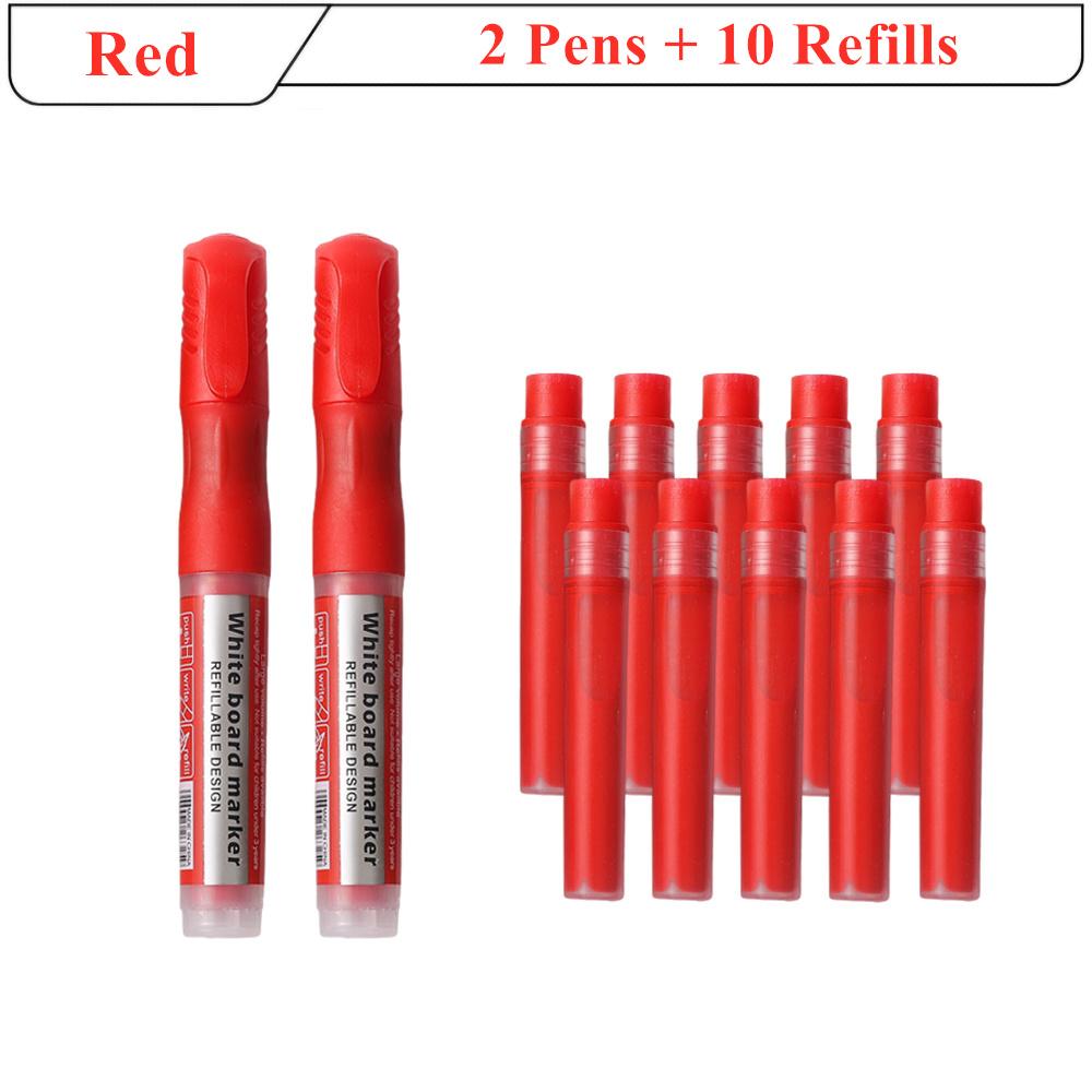 2 bolígrafos + 10 recambios, bolígrafo de pizarra de gran capacidad, marcador recargable negro, rojo, azul y verde, suministros de aprendizaje, papelería escolar y de oficina: Borgoña