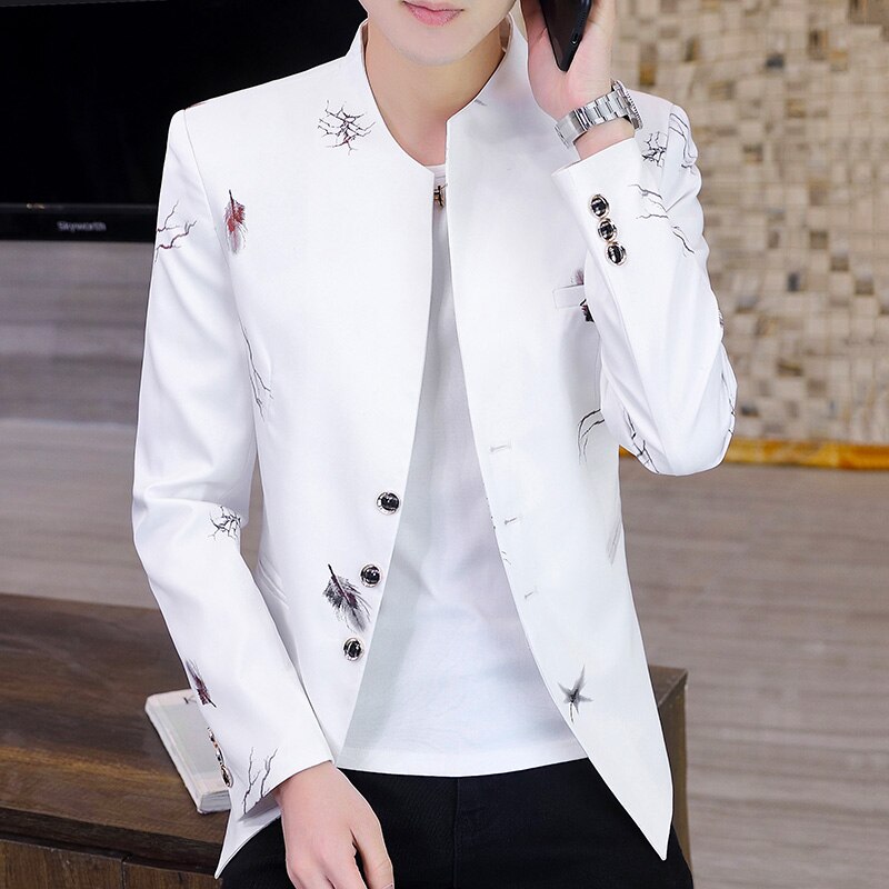 spring autumn men stand collar personality suit trend leisure Mao suit popular logo Korean version slim small suit jack: white / M