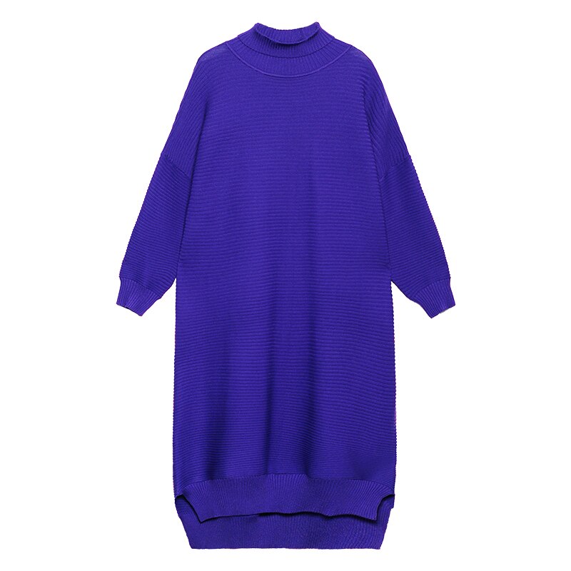 [EAM] Vestido largo de punto Irregular de talla grande para mujer, cuello alto, manga larga, suelto, tendencia de , primavera otoño 1DB512: Blue