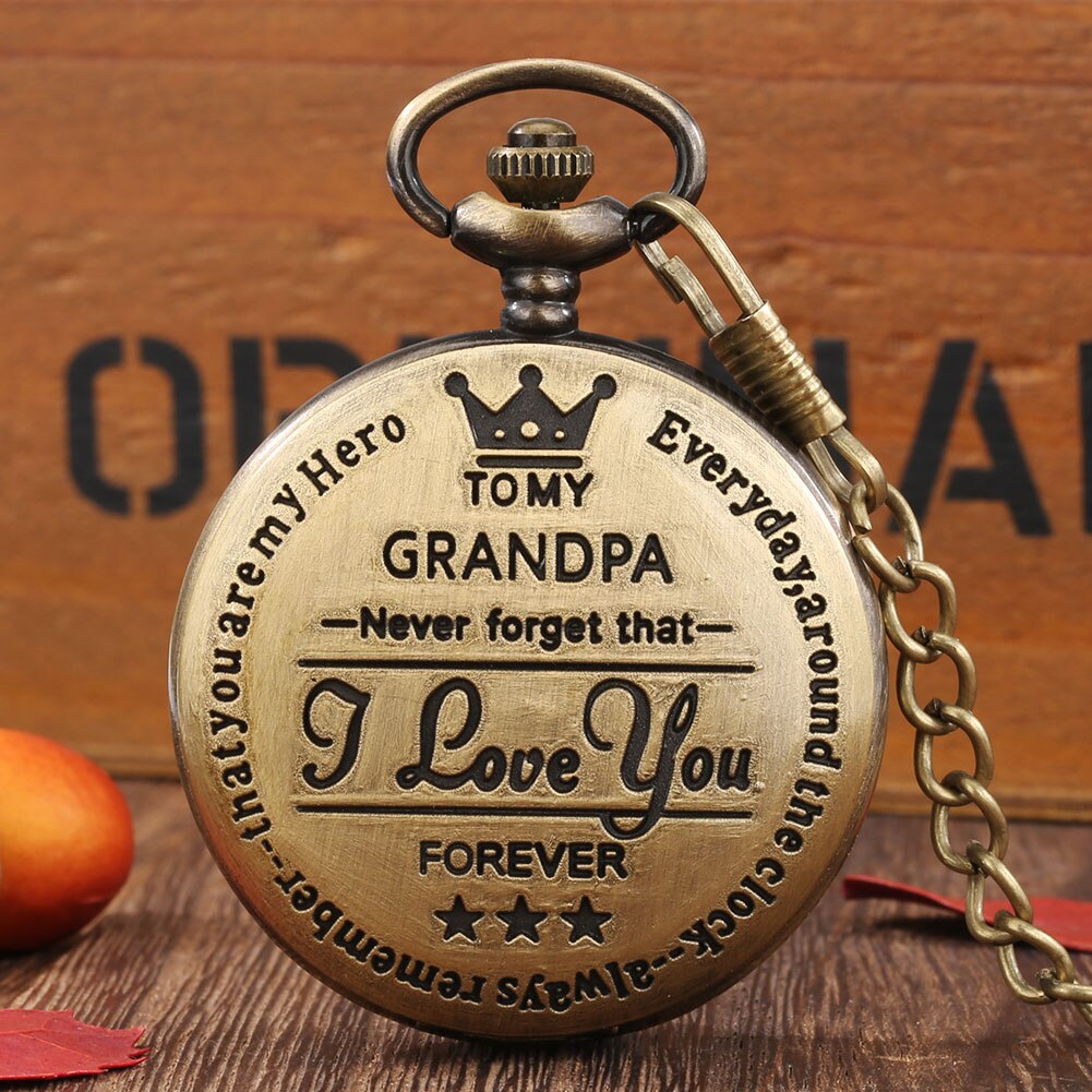 Vintage Bronze Pocket Watch Roman Numeral White Surface Thick Chain TO MY GRANDPA Nostalgic Pendant Watches Unique