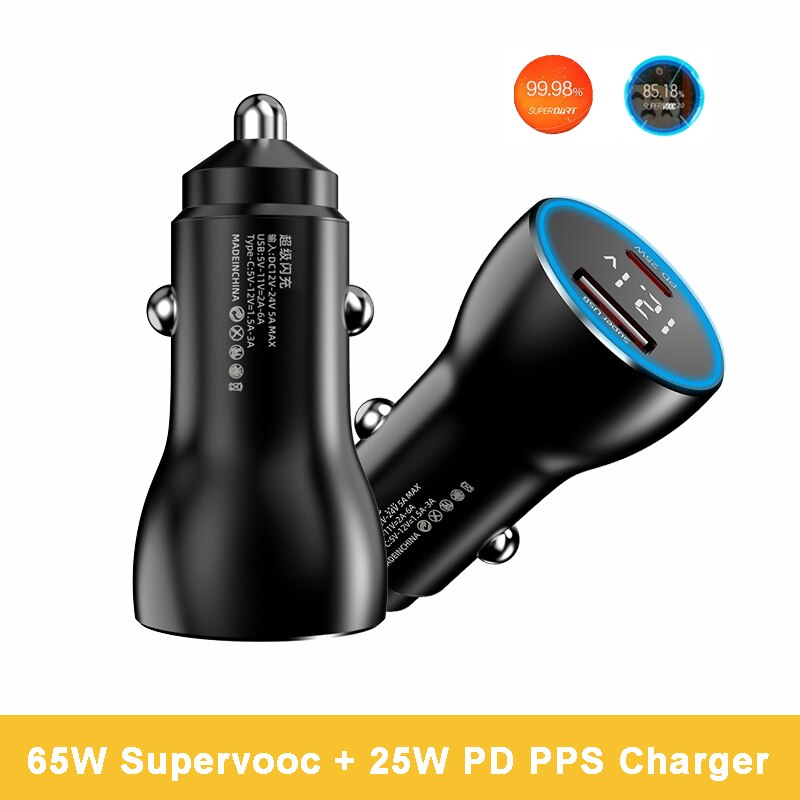 65W Supervooc 2,0 + 25W PD PPS Schnelle Auto Ladegerät Für iPhone 13 Samsung S21 OPPO Finden X2 Profi Reno 4 3 Realme 8 7 6 Profi USB-C Kabel