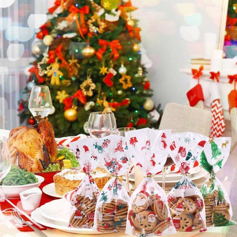 50- pack kerst cellofaan zakjes kerstman kerstbomen kerst traktatie zakjes inpakpapier met 50 draadjes voor snoep