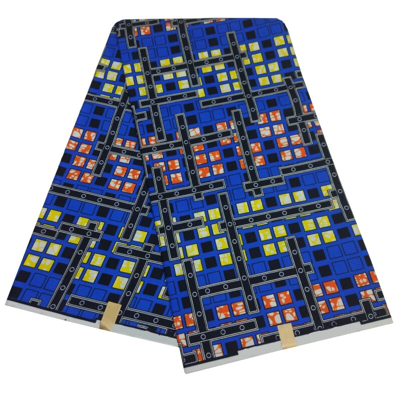 Tissu Africain Ankara Kente En Polycoton - Imprimé Cire Bleu Suisse Orange - Au Mètre