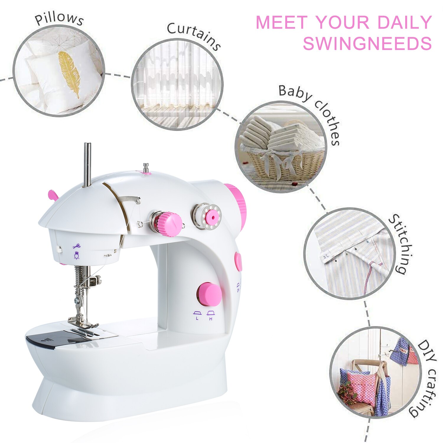 Home Mini Sewing Machine Adjustable 2-Speed Double Thread Portable Electric Household Multifunction Sewing Machin with Lights