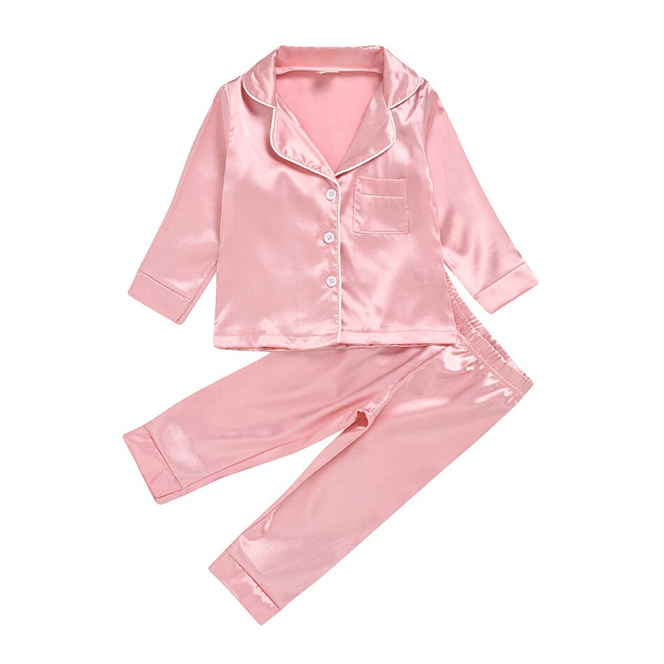 Ensemble pyjama pour enfants, costume pour bébé, vêtements pour enfants, tout-petits, garçons et filles, coton, soie, satin, ensemble haut et pantalon uni, vêtements de maison: Rose / 2t